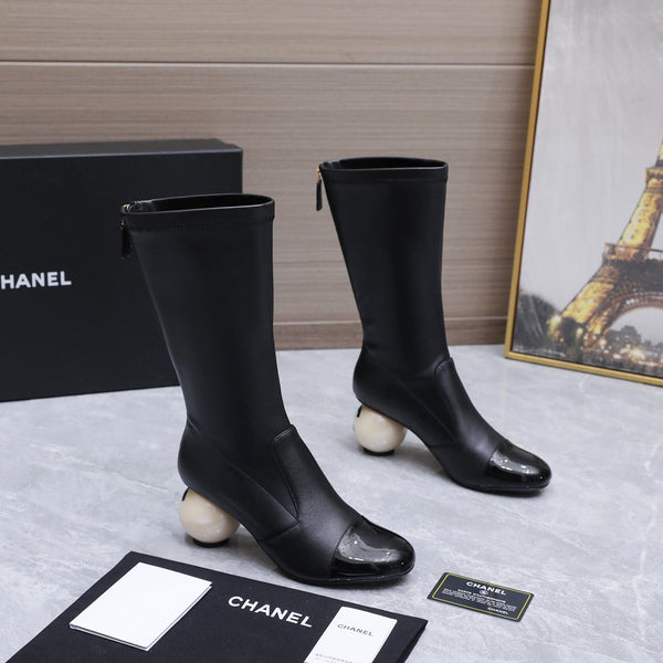 CC 26s Mid-Calf Boots Pearl Ball Heel 6.5CM Black Calfskin 961584