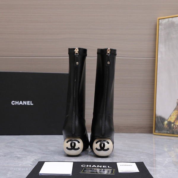 CC 26s Mid-Calf Boots Pearl Ball Heel 6.5CM Black Calfskin 961584