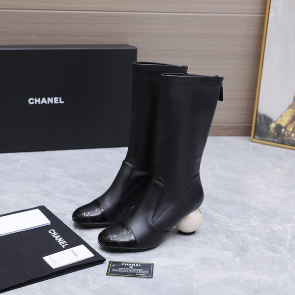 CC 26s Mid-Calf Boots Pearl Ball Heel 6.5CM Black Calfskin 961584