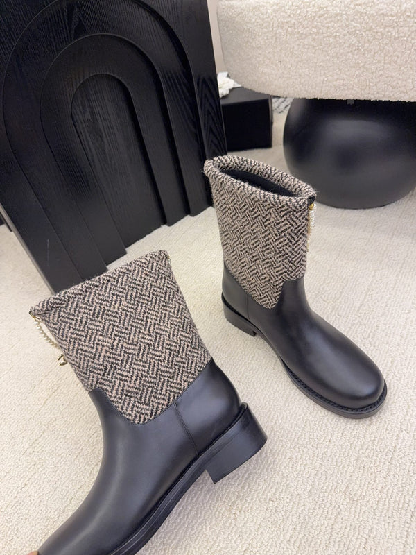 CC Mid-Calf Boots 4CM Pearl Chain Gold Charm Black Tweed Leather 961501