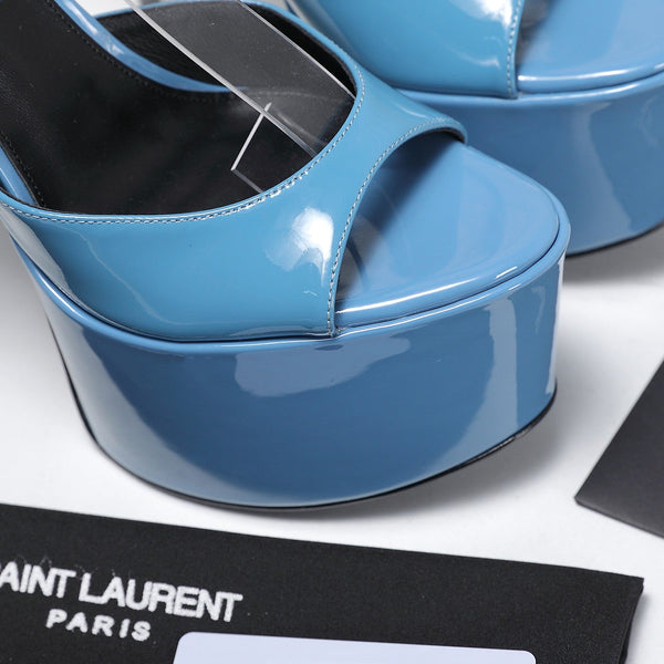 YSL Kika Platform Sandals Stiletto Heel Blue Patent Leather 961643