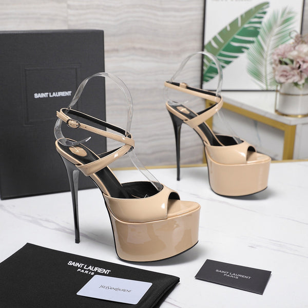 YSL Kika Platform Sandals Stiletto Heel Beige Patent Leather 961641