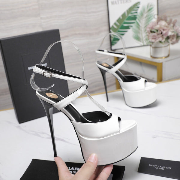 YSL Kika Platform Sandals Stiletto Heel White Patent Leather 961640