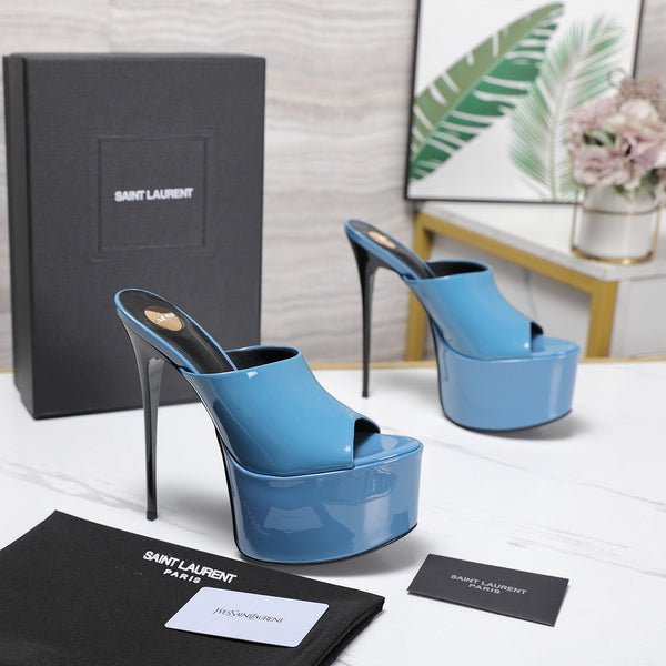 YSL Platform Mules Stiletto Heel Blue Patent Leather 961637