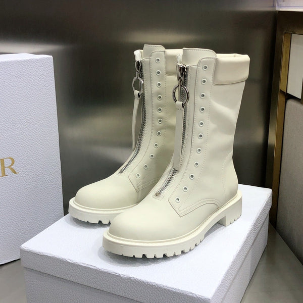 CD Combat Boots Mid-Calf Front Zipper Milk White Leather 965382
