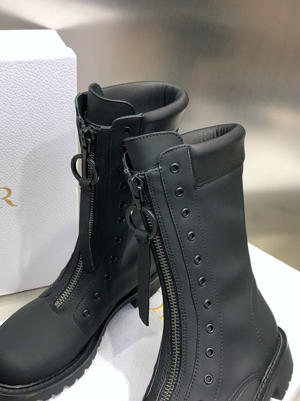 CD Combat Boots Mid-Calf Front Zipper Black Leather 965381