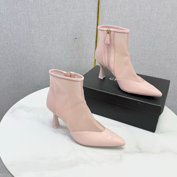 CC 26s Pointed-Toe Stiletto Ankle Boots Pink Sheepskin Mesh 972789