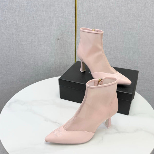 CC 26s Pointed-Toe Stiletto Ankle Boots Pink Sheepskin Mesh 972789