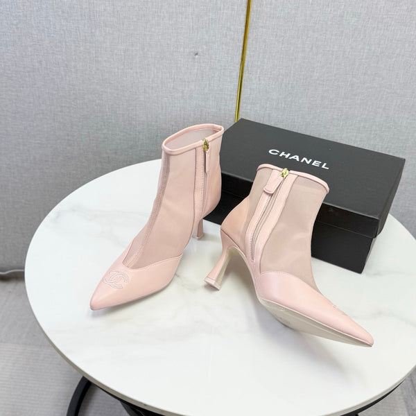 CC 26s Pointed-Toe Stiletto Ankle Boots Pink Sheepskin Mesh 972789