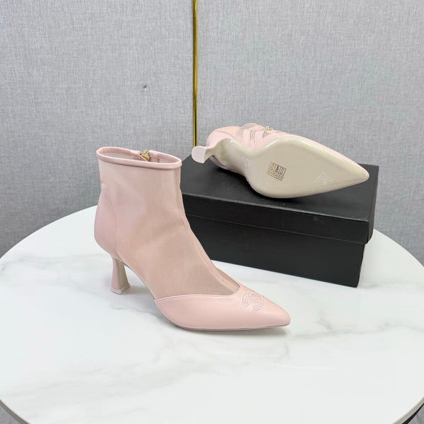 CC 26s Pointed-Toe Stiletto Ankle Boots Pink Sheepskin Mesh 972789