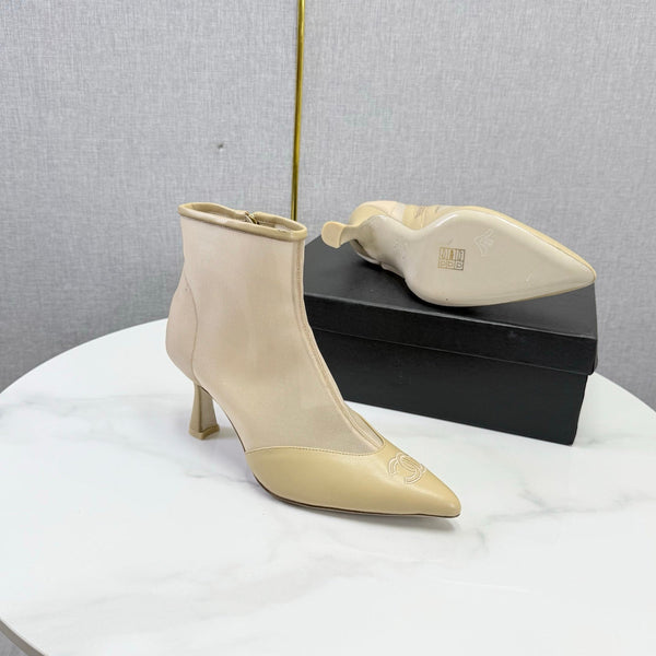 CC 26s Pointed-Toe Stiletto Ankle Boots Beige Sheepskin Mesh 972791