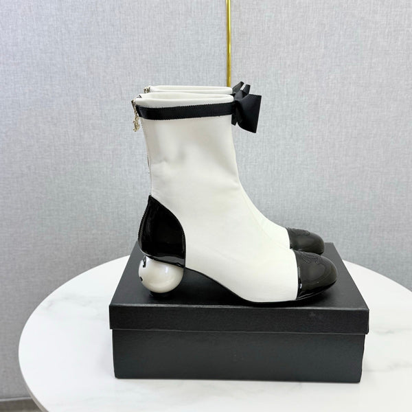 CC Mid-Calf Boots Pearl Ball Heel Bow Ivory Black Leather 972796