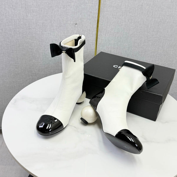 CC Mid-Calf Boots Pearl Ball Heel Bow Ivory Black Leather 972796
