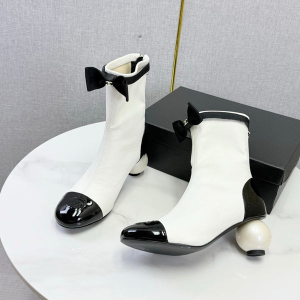 CC Mid-Calf Boots Pearl Ball Heel Bow Ivory Black Leather 972796