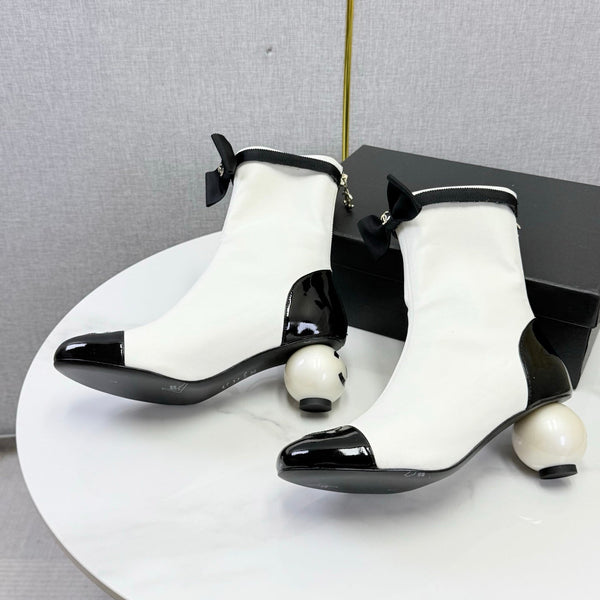 CC Mid-Calf Boots Pearl Ball Heel Bow Ivory Black Leather 972796