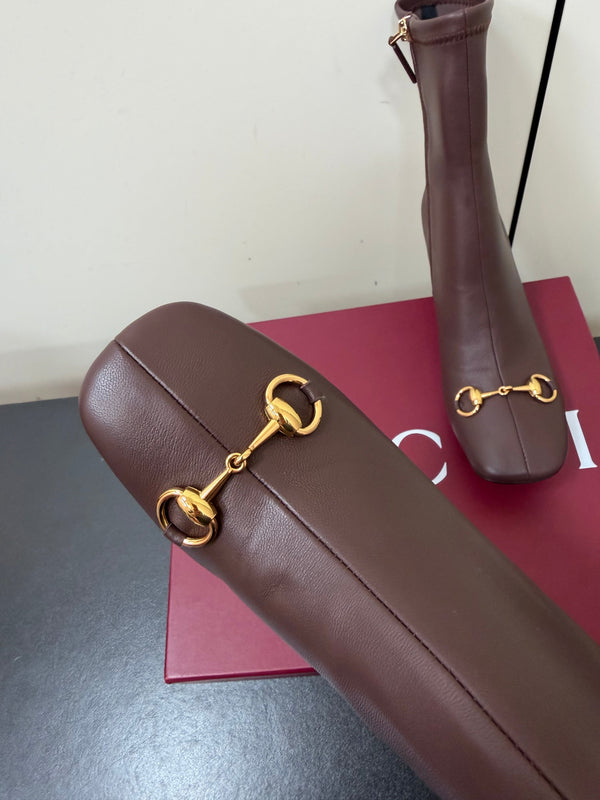 GG Signora Horsebit Ankle Boots 8.5CM Dark Chocolate Leather 984467