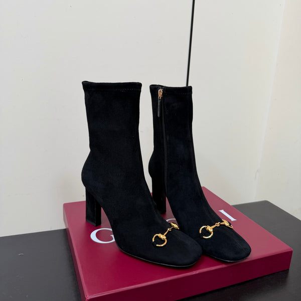 GG Signora Horsebit Ankle Boots 8.5CM Black Suede 984466