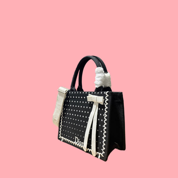 CD Book Tote With Strap PolkaDior Embroidery Black White Canvas 164637