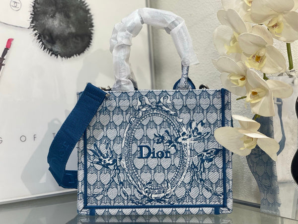 CD Book Tote With Strap Toile de Jouy Floral Garden Embroidery Blue Canvas 164670