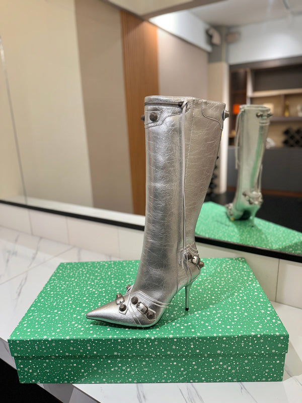 BLC Cagole Knee-High Boots 9.5cm Silver Leather 985496