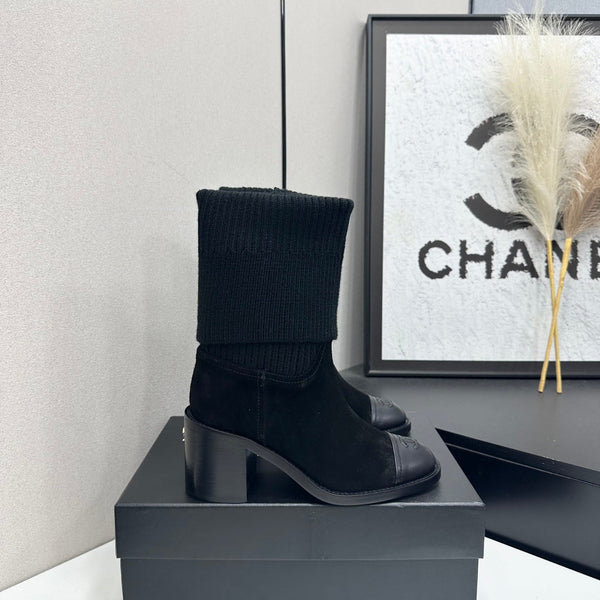 CC Mid-Calf Sock Boots Black Suede Stretch Knit 985658