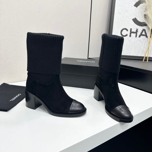 CC Mid-Calf Sock Boots Black Suede Stretch Knit 985658