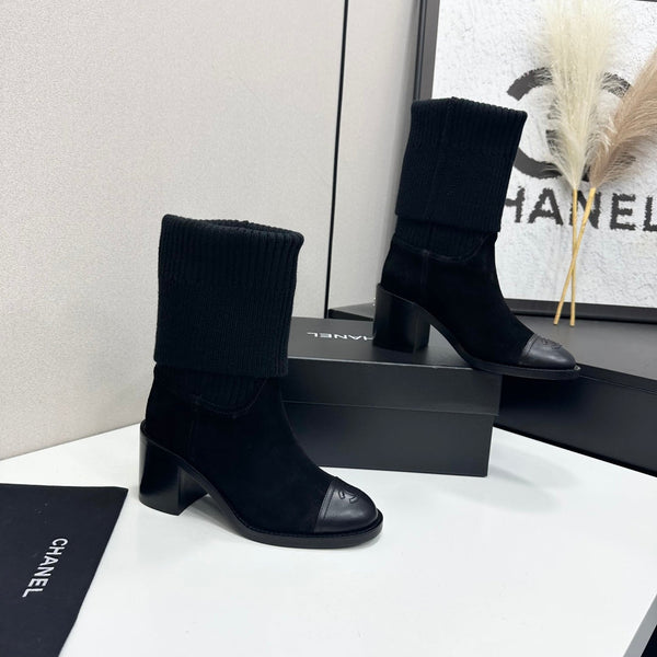 CC Mid-Calf Sock Boots Black Suede Stretch Knit 985658