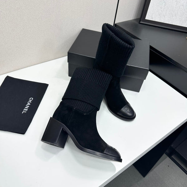 CC Mid-Calf Sock Boots Black Suede Stretch Knit 985658