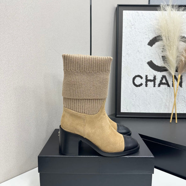 CC Mid-Calf Sock Boots Black Beige Suede Stretch Knit 985657