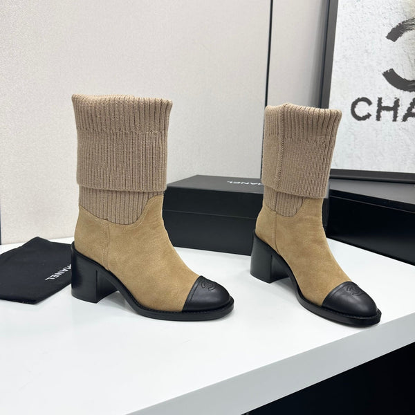 CC Mid-Calf Sock Boots Black Beige Suede Stretch Knit 985657