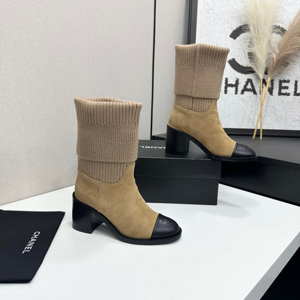 CC Mid-Calf Sock Boots Black Beige Suede Stretch Knit 985657