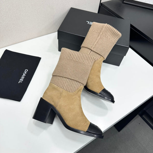 CC Mid-Calf Sock Boots Black Beige Suede Stretch Knit 985657