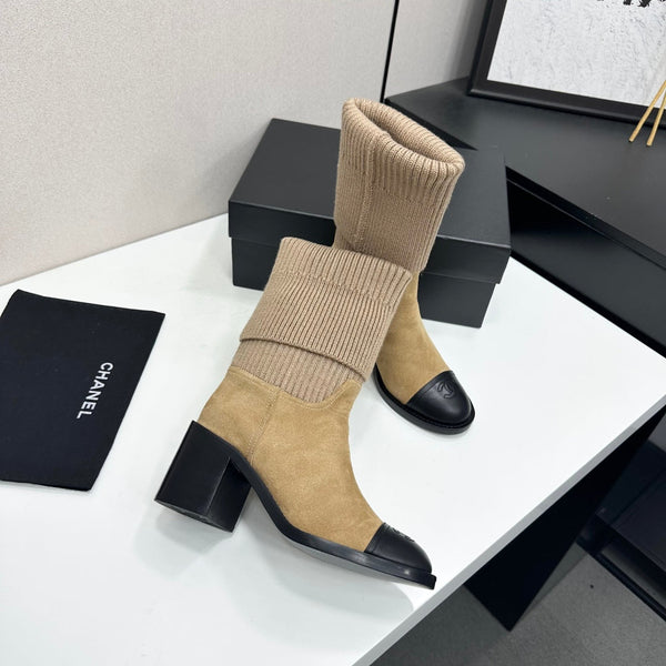 CC Mid-Calf Sock Boots Black Beige Suede Stretch Knit 985657
