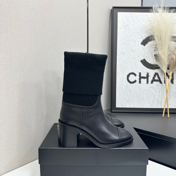 CC Mid-Calf Sock Boots Black Leather Stretch Knit 985656