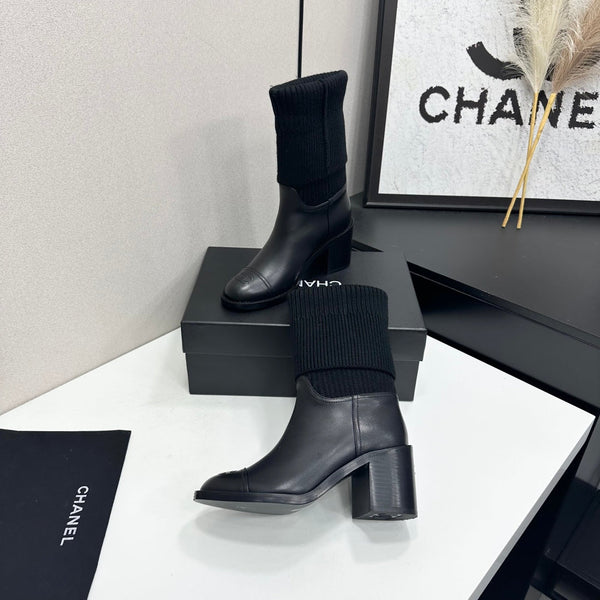 CC Mid-Calf Sock Boots Black Leather Stretch Knit 985656