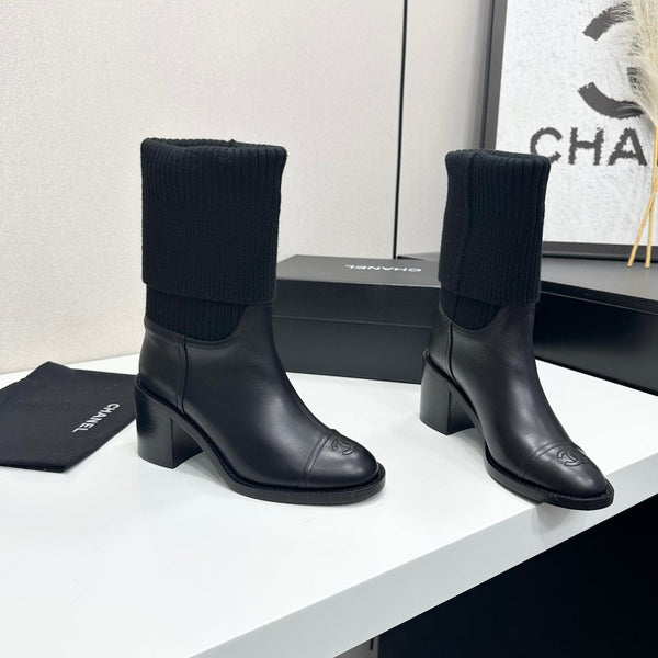 CC Mid-Calf Sock Boots Black Leather Stretch Knit 985656