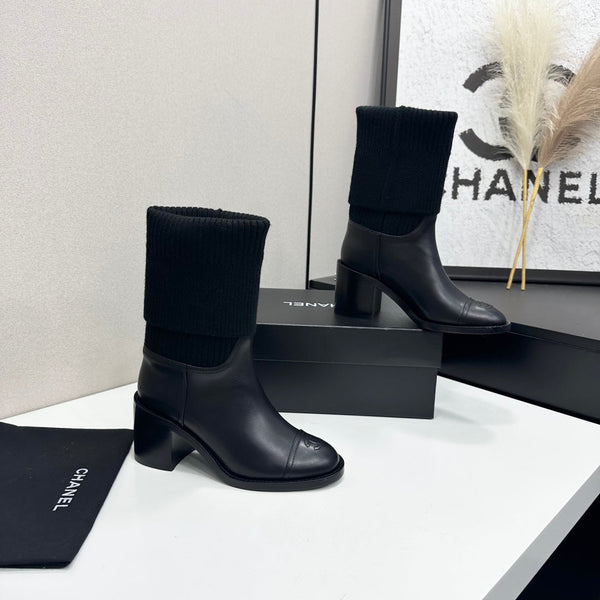 CC Mid-Calf Sock Boots Black Leather Stretch Knit 985656