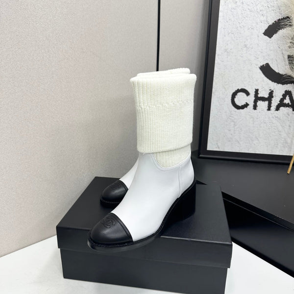 CC Mid-Calf Sock Boots White Leather Stretch Knit 985655