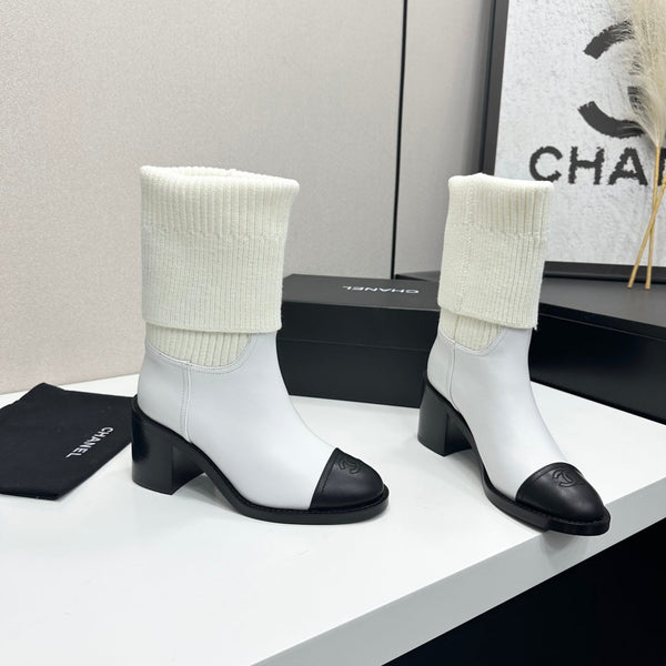 CC Mid-Calf Sock Boots White Leather Stretch Knit 985655
