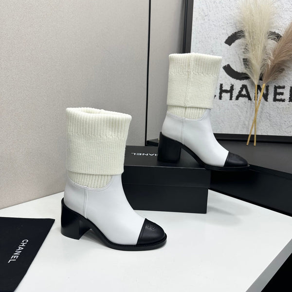 CC Mid-Calf Sock Boots White Leather Stretch Knit 985655