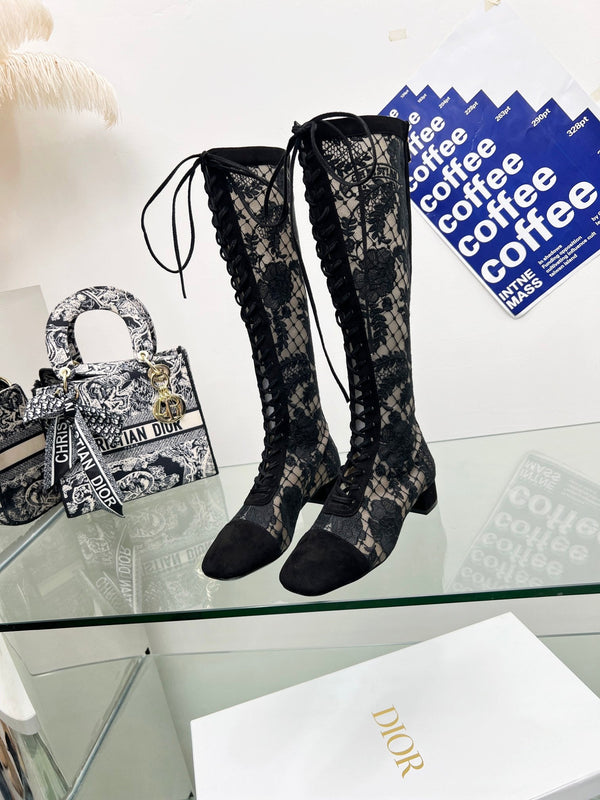 CD Lace Knee-High Boots 3.5Cm Black Lace Suede 981811