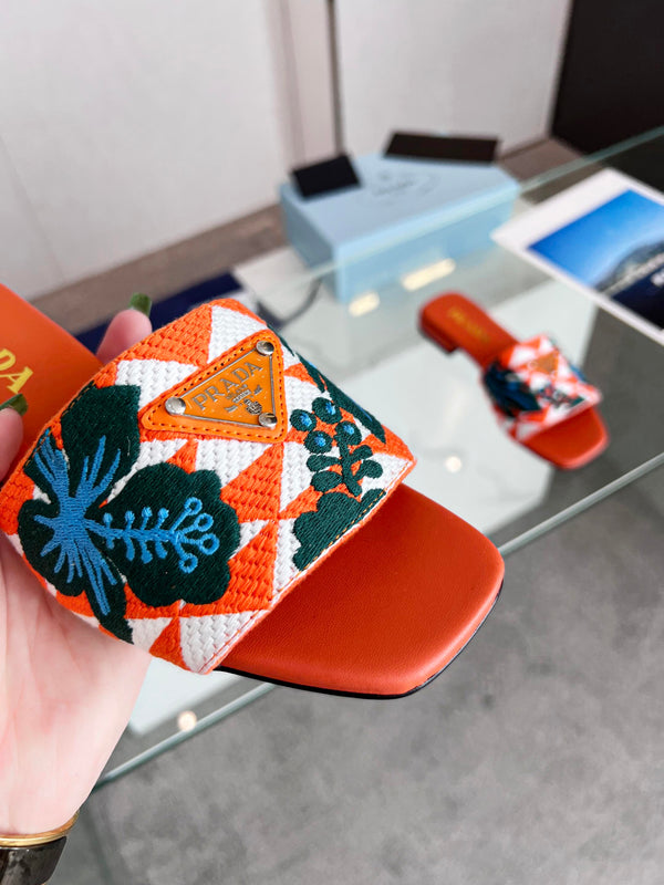 Prad 26s Floral Print Slides Orange Leather Cotton 986595