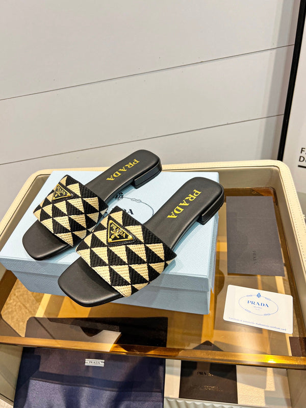 Prad 26s Enameled Metal Triangle Printed Slides Black  Beige Leather Cotton 986591