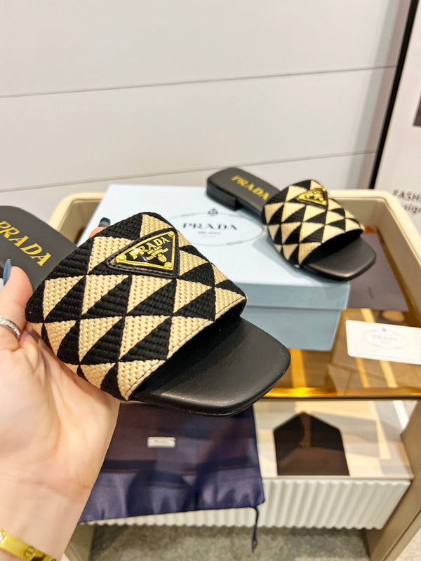 Prad 26s Enameled Metal Triangle Printed Slides Black  Beige Leather Cotton 986591