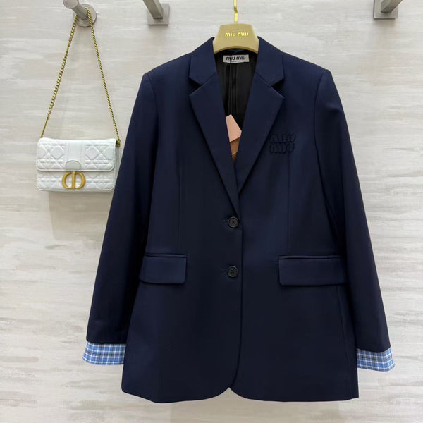 Miu Single-Breasted Gabardine Jacket Navy Blue 427460