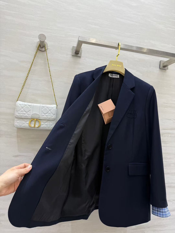 Miu Single-Breasted Gabardine Jacket Navy Blue 427460