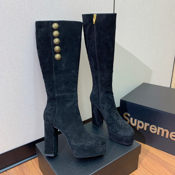 BM 26S Knee-High Platform Boots 11.5cm Black Suede 111379