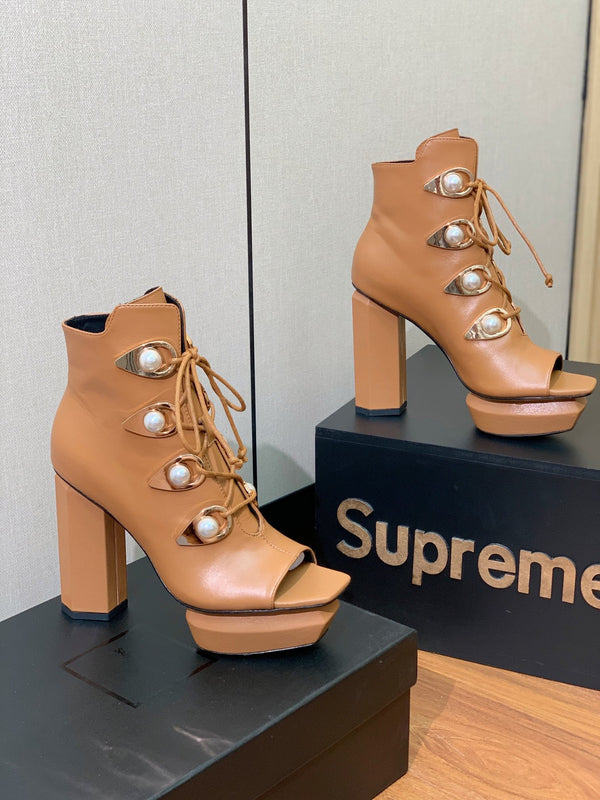 BM 26S Lace-Up Platform Booties 11.5cm Tan Leather 111370
