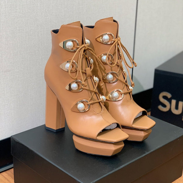 BM 26S Lace-Up Platform Booties 11.5cm Tan Leather 111370