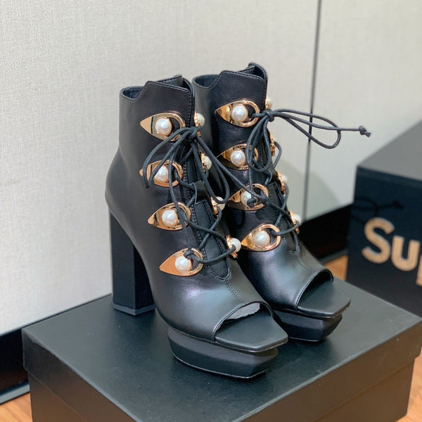 BM 26S Lace-Up Platform Booties 11.5cm Black Leather 111369